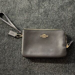 Coach Pebbled Leather Wristlet in Black with Gold Accents
